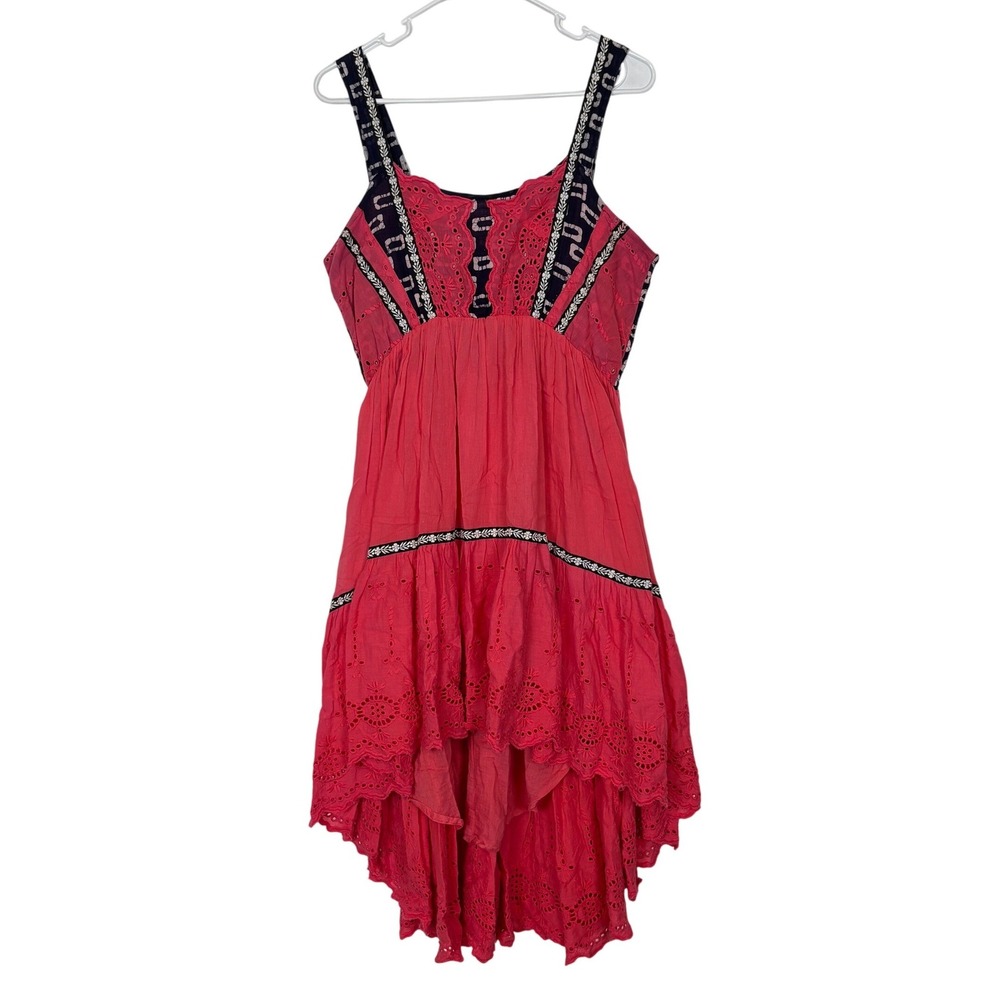 Boho Dress Womens Medium Pink High Low Eyelet Lace Embroidered Hippie Earthy